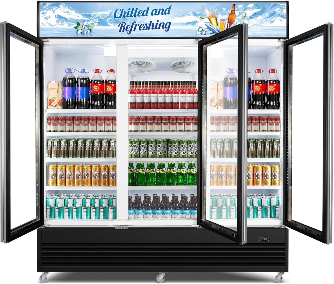 Commercial Beverage Refrigerator, 75" W 60 Cu. Ft. Commercial Drink Fridge, Display Refrigerator with 3 Glass Door, Commercial Display Fridge with 12 Adjustable Shelves, for Shop, Restaurant, Bar (Black)