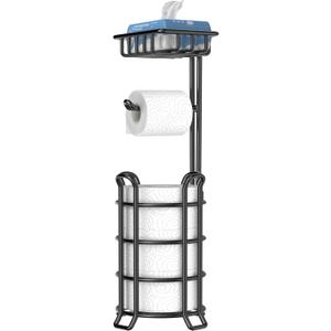 TomCare Toilet Paper Holder Stand with Shelf Free Standing Toilet Paper Roll Holder with Toilet Paper Dispenser Sturdy Metal Tissue Holder Storage Shelf for Bathroom Black