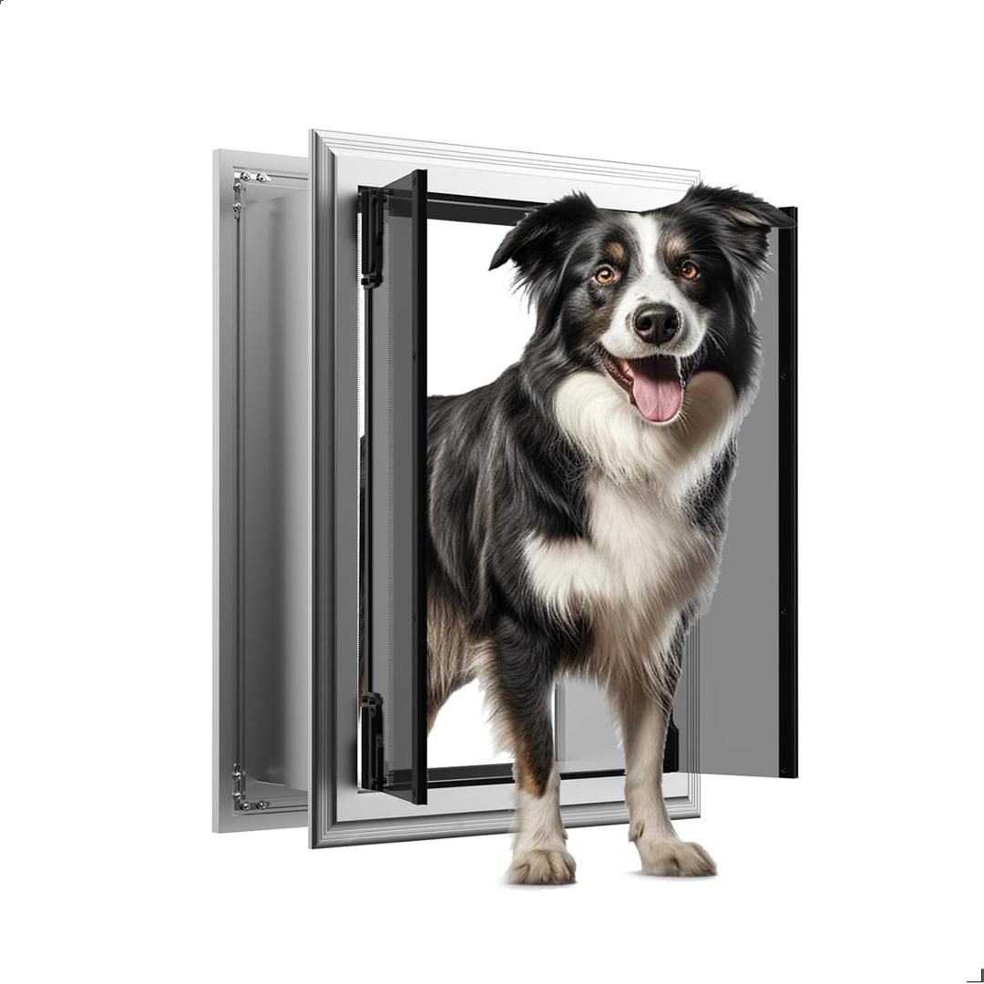 Dog Door for Wall, Energy Efficient French Doggy Door with Aluminum Frame, Telescoping Tunnel, Magnetic Flaps and Sliding Lock Panel, Easy Install for Walls 4"- 7 7/8" Thick, Large (up to 80 lbs)