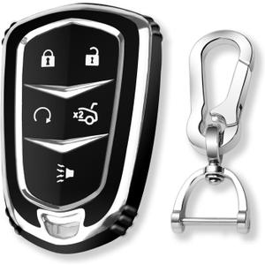 QBUC for Cadillac Key Fob Cover with Keychain Chrome Trim Soft TPU Protection Case Compatible with 2015-2019 Cadillac Escalade ATS CTS CT6 XTS XT5 SRX 5-Buttons(Black)