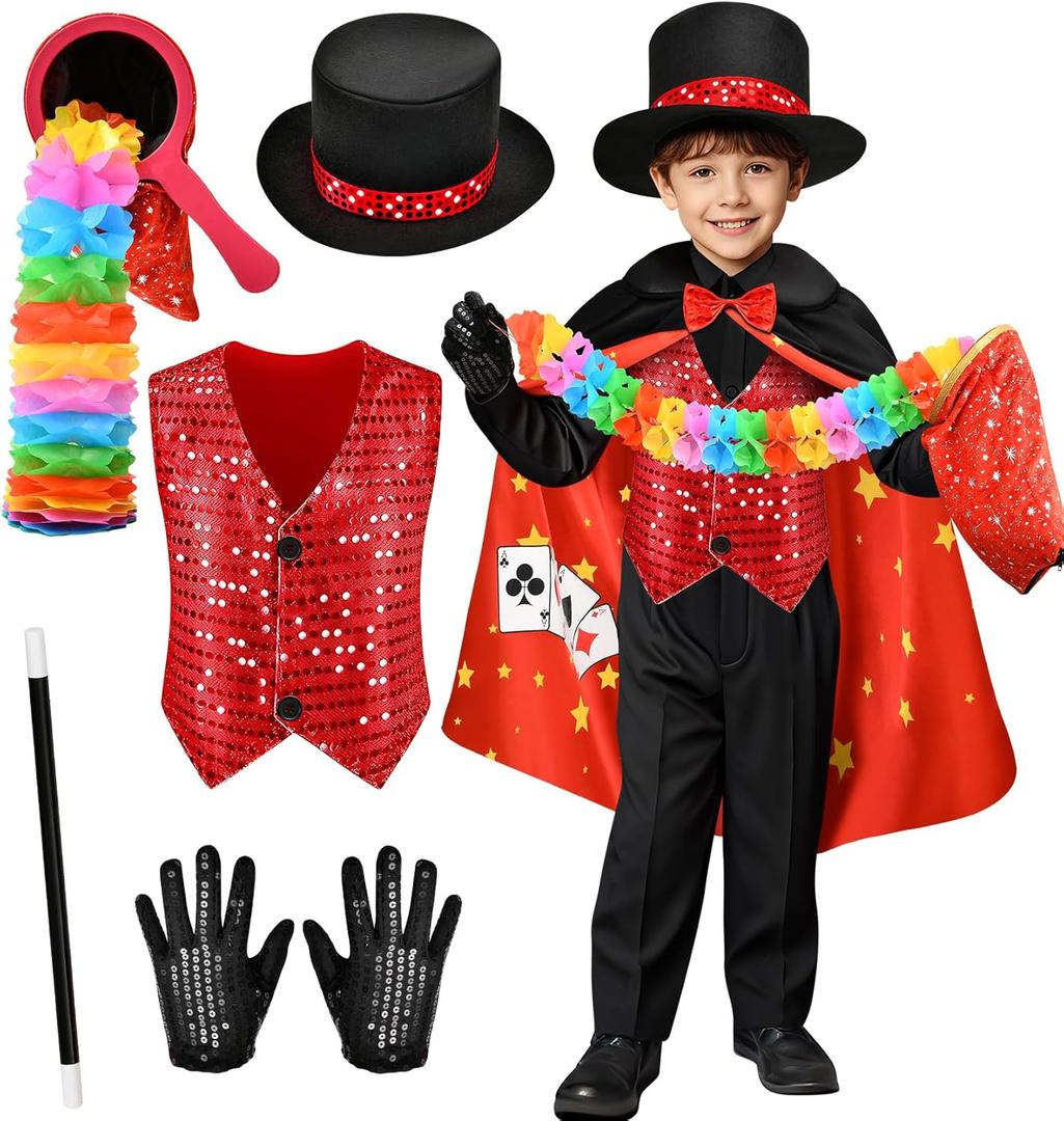 Latocos Kids Magician Costume Boys Girls Magic Kits with Vest Bag Zipper Gloves Hat Cape Wand Halloween Dress Up (M(5-7Y))