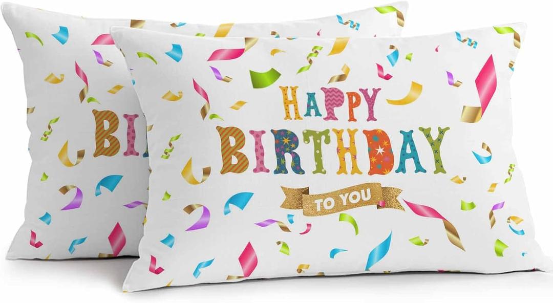 Set of 2 Happy Birthday Outdoor Waterproof Pillow Covers 12x20 Outdoor Pillows Colorful Ribbon Celebration Decorative Cushion Cases Throw Pillowcases for Patio Furniture,Garden,Porch,Couch Decor (Multicolor)