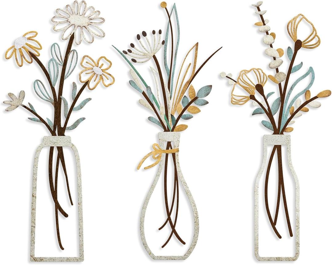 Pigort 3 Pieces Metal Flowers Wall Arts - Rustic Farmhouse Decor Beige Minimalist Flower Wall Decors for Living room Bathroom Bedroom Dining Room-Housewarming Gifts (Beige, Vase-C) (Beige Gold)