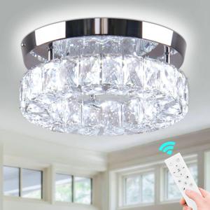 Dimmable Modern Crystal Chandeliers Round LED Ceiling Light with Remote Flush Mount Small Chandelier for Hallway Foyer Kitchen,Stair,Closet,3 Colors Adjustable,Memory Function