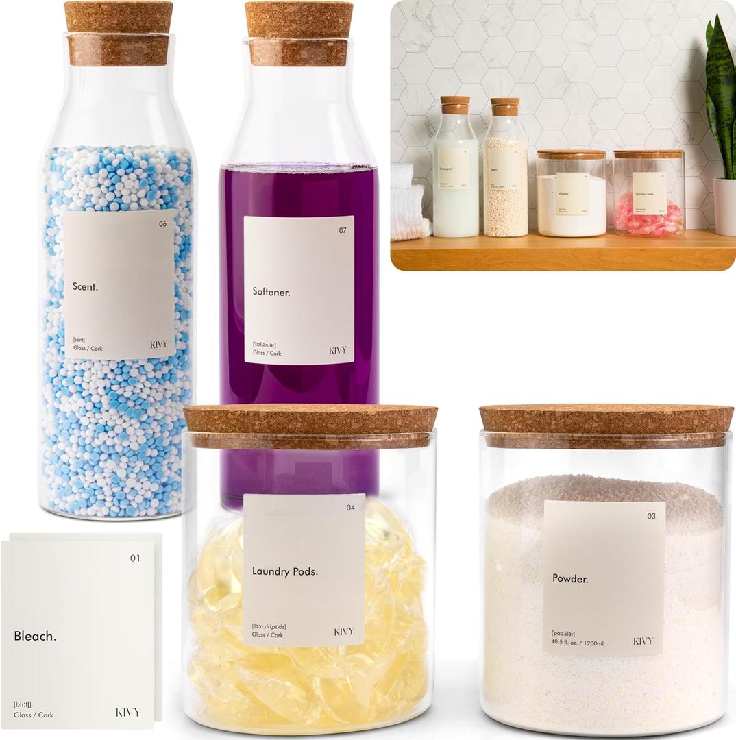 KIVY Glass Detergent Dispenser Container Set of 4 [INCL Labels] Large Glass jars for Laundry Room Organization Decor - Laundry soap dispenser for liquid detergent dispenser - Fabric softener dispenser (Set of 4 (2x 40oz + 2x 64oz))