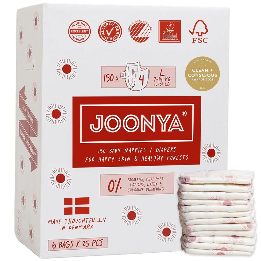 Joonya Baby Diapers, Size 4 L (15-31 lb) - 6 Bags of 25 (150) - New Range - NonToxic, Eco-Friendly, Ultra Slim, Overnight Use - Made in Denmark