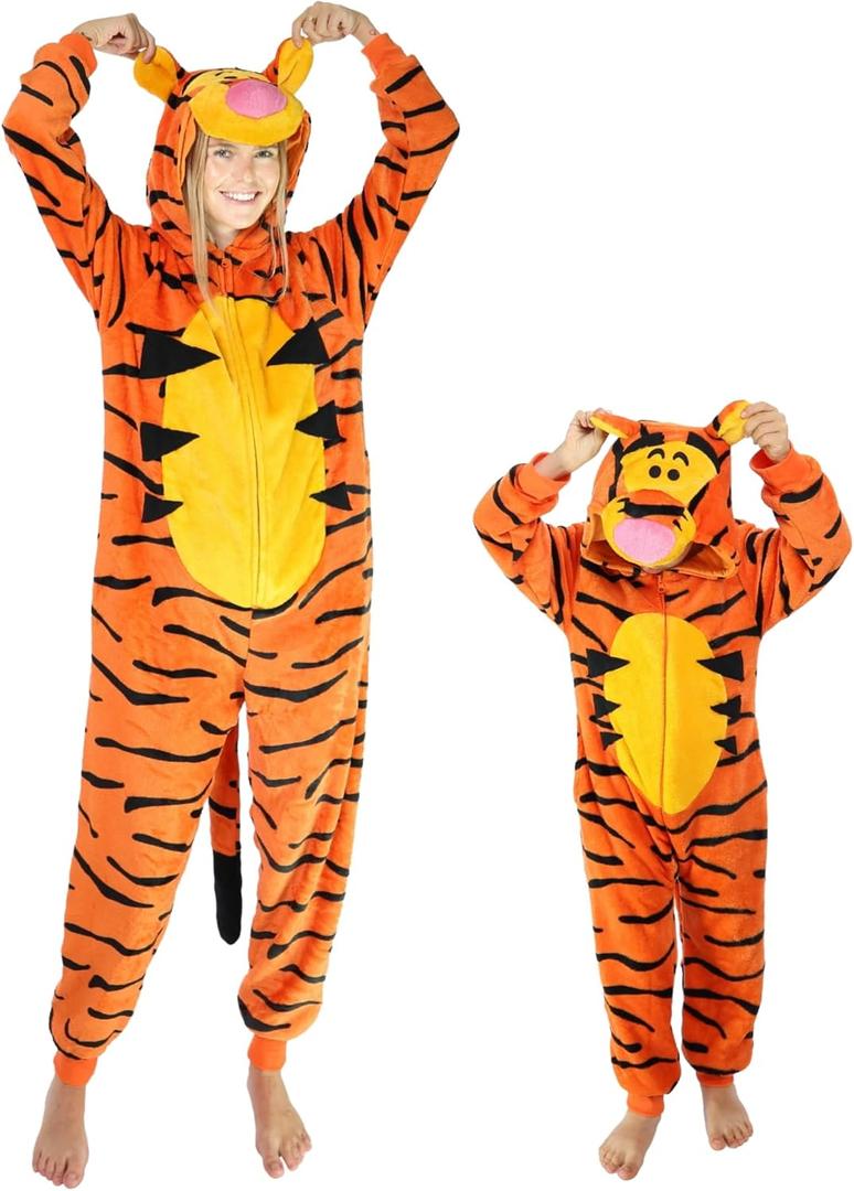 Funziez! Slim Fit Adult Onesie - Animal Halloween Costume - Plush Unisex One Piece Cosplay Suit for Women and Men (Large, Bouncing Tiger)