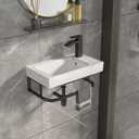 Wall Mount Corner Vessel Sink with Towel Rack 20x11 Inch
Ceramic Bathroom Floating Sink, White Rectangle Bathroom Sink with Overflow, Wall Hung Wash Hand Basin