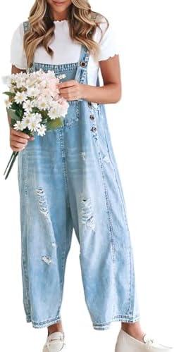 Gihuo Denim Overalls for Women Jean Bib Overalls Wide Leg Loose Fit Barrel Baggy Distressed Adjustable Straps. Size XL.