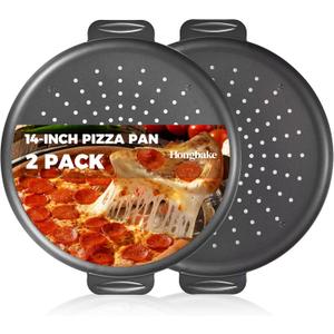 HONGBAKE 2 Pack Pizza Pan 14 Inch with Holes, Rust-Free Nonstick Pizza Pan for Oven, 0.8mm Carbon Steel Perforated Pizza Tray with Wider Handles, Round Baking Sheet for Frozen & Homemade Pizza, Grey (Gray)