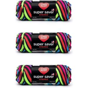 Red Heart Super Saver Yarn, 3 Pack, Neon Stripes 3 Count