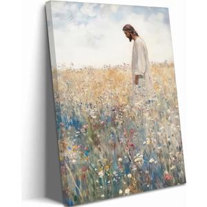 Jesus Canvas Wall Art Jesus Left The 99 Christian Inspirational Painting Picture Wall Decor Jesus with Wildflowers Religious Faith Print Artwork for Living Room Bedroom Church Home Decor, Framed