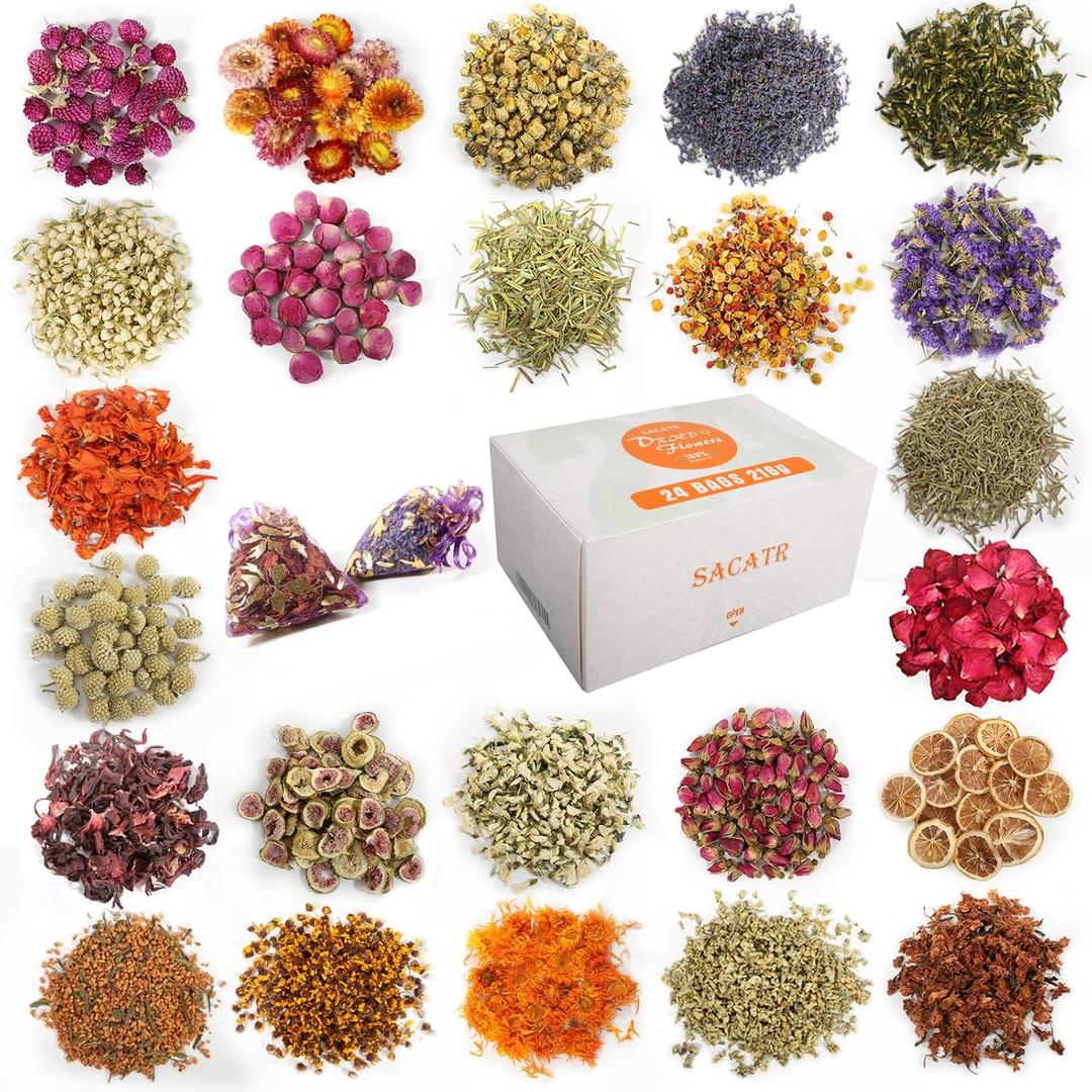 24 Bags Dried Flowers,100% Natural Dried Flowers Herbs Kit for Soap Making, DIY Candle Making, Bath - Include Rose Petals, Lavender, Don't Forget Me, Lilium, Jasmine, Rosebud, Sand and More
