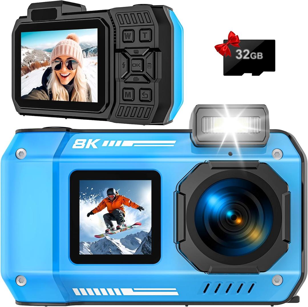 Underwater Camera 8K 70MP Digital Camera 33FT Waterproof Camera with 32GB Card Rugged Dustproof Shockproof