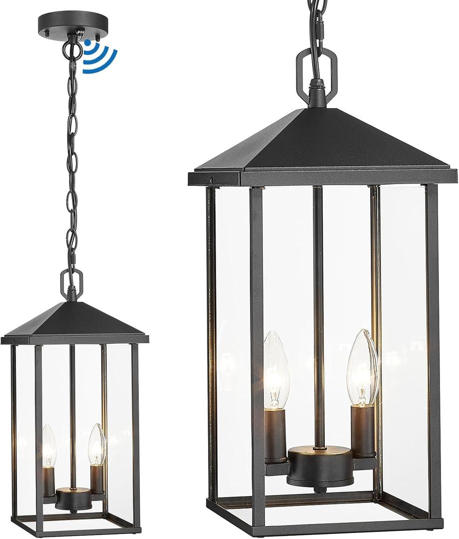 Large Outdoor Pendant Light Matte Black Hanging Light Fixture Ceiling Mount 2-Light, Dusk to Dawn Modern Large Outdoor Chandelier with Clear Glass Exterior Pendant Lights for Porch Patio
