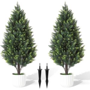 3FT Artificial Cedar Topiary Trees Set of 2 Detachable Planter & Spike,UV Resistant Faux Plants Outdoor and Indoor,Realistic Fake Bushes Pine Tree for Front Porch Decor