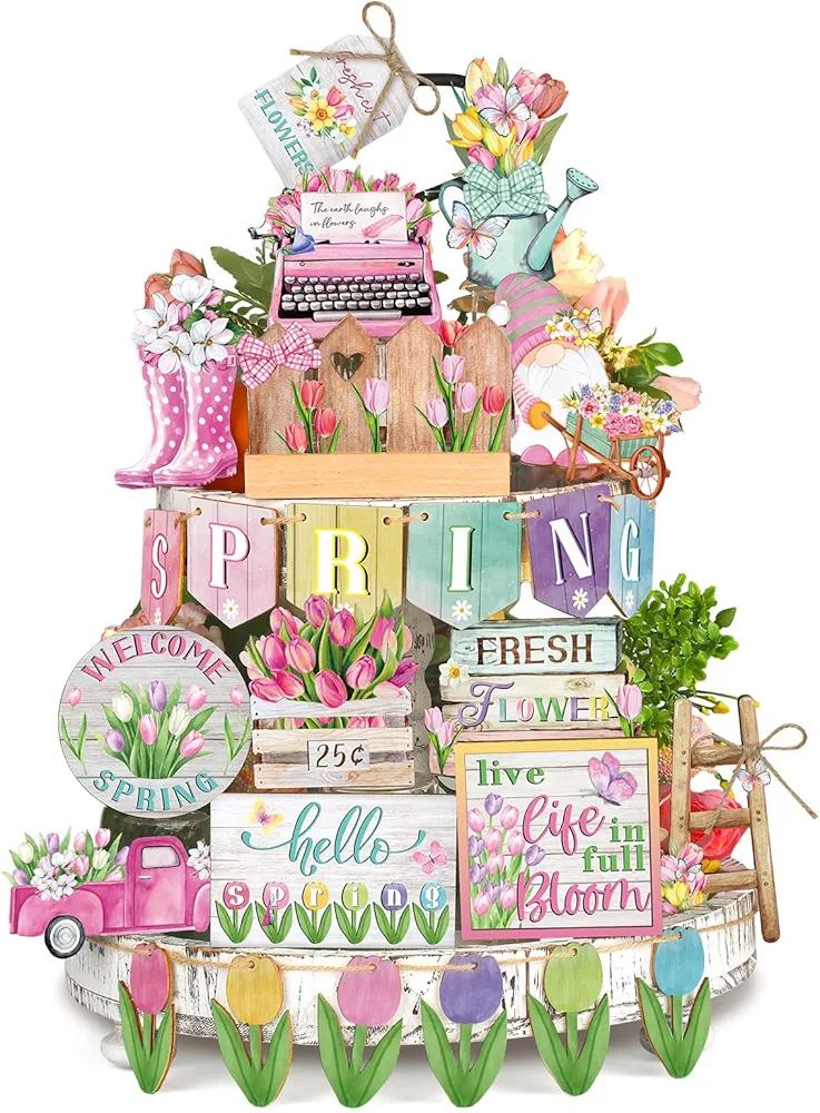 35 Pieces Flower Colored Wooden Gnome Tiered Tray Decor, Spring Wood Signs, Fresh Flower Truck Trays for Home, Farmhouse, Rustic Home Decor