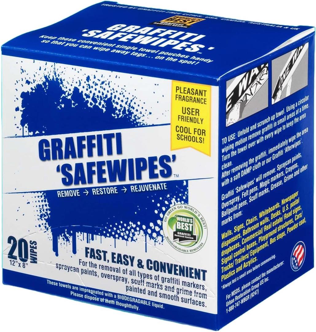 Graffiti Safewipes For Removing Graffiti, Grease, Grime And Other Marks On Painted & Smooth Surfaces. 1 Box of 20 Wipes