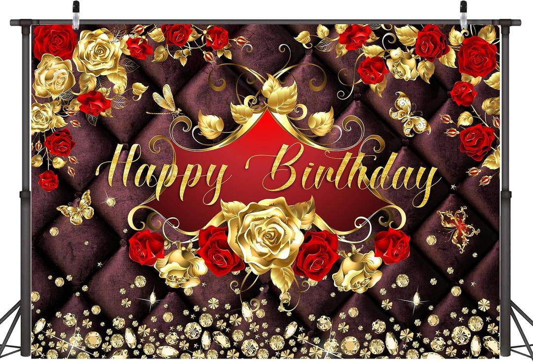 Floral Happy Birthday Backdrop 8 x 6 ft for Girls Woman Wedding Anniversary Party Decorations Banner Luxurious Golden Red Rose Elegant Velvet Retro Theme Background for Memorial Day