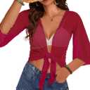Women's Short Cardigan Bolero Shrug Sheer Tie Front Top 3/4 Sleeve Jacket for Dress (Red, XL)