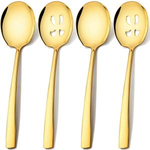 Extra Large Serving Spoons Set 11.7-Inch Gold Serving Slotted Spoon x 2 Serving Spoon x 2, 18/8 Stainless Steel Big Serving Utensil for Buffet, Parties, Catering - Dishwasher Safe(4-Pack, Gold)
