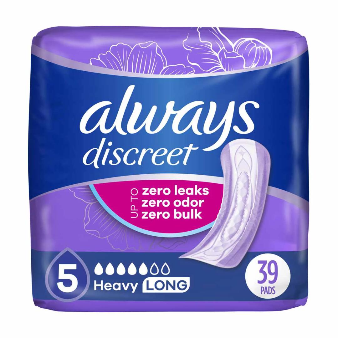 Always Discreet Adult Incontinence Pads for Women, Heavy Absorbency, Long Length, Postpartum Pads, 39 CT