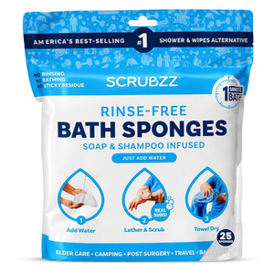 Scrubzz Disposable Rinse Free Bathing Wipes - 25 Pack - All-in-1 Single Use Shower Wipes, Simply Dampen, Lather, and Dry Without Shampoo or Rinsing