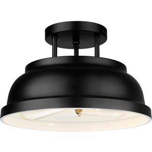 Zeyu 12'' Industrial Semi Flush Ceiling Light, 2-Light Flush Mount Ceiling Lamp for Bedroom Dining Room, Metal Dome Shade in Black Finish, ZY29-F BK