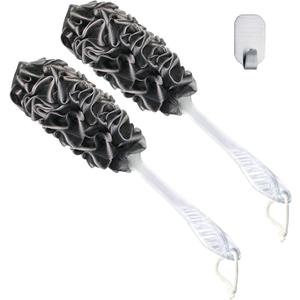 Loofah Back Scrubber, Pack of 2 Long Handle Loofah Back Brushes for Shower Luffa on Stick Soft Mesh Body Scrubber for Men Women, Bamboo Charcoal Infused