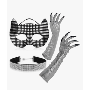 Pack Of 3, Geyoga 3 Pcs Halloween Cat Costume Accessories Women Rhinestone Glitter Cat Costume with Rhinestone Mask Choker Silver Paw Gloves with Long Fingernails for Adult Halloween Masquerade Cosplay Party
