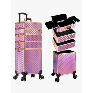 AROUS Rolling Makeup Train Case Large Storage Cosmetic Trolley 4 in 1 Large Capacity Trolley Makeup Travel Case with Key Swivel Wheels Salon Barber Case Traveling Cart Trunk, Pink