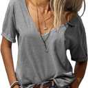 Danedvi Women Fashion Deep V-Neck Short Sleeve Tops Solid Casual Loose Basic T Shirt (Large, Gray)