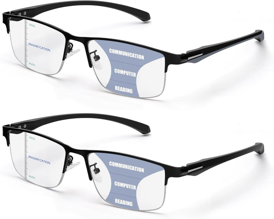 2 Pack Men's Progressive Multifocal Reading Glasses,Half Rim Metal Frame TR90 Temples Blue Light Blocking Anti Eyestrain Multifocus Computer Readers,2.5x