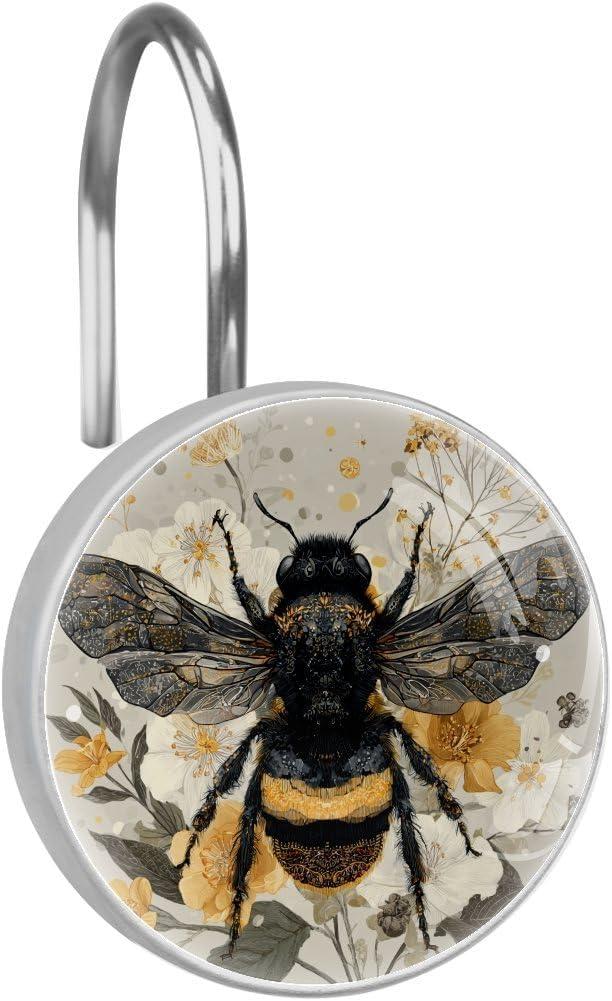 12 Pcs Bee Round Shower Curtain Hooks Stainless Steel Decorative Hanger Rings for Bathroom Kitchen Bedroom Curtain Rods