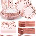 224 Pieces Party Supplies, Pink and Rose Gold Dots Party Plates Cups and Napkins Sets with Plastic Knives forks spoons, Disposable Tableware Serves 32 Sets for Wedding, Birthday, Graduation, Festivals