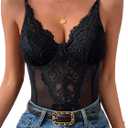 Milumia Women Lace Bodysuits Sheer Mesh Shapewear Bustier Tops Corsets Trendy Going Out Cami Tanks Black Large
