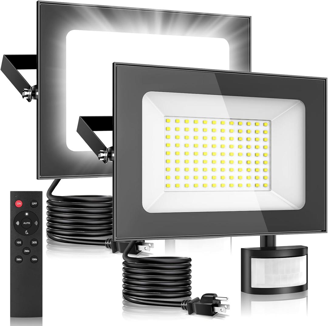 Sararoom 2-Pack 100W LED Flood Lights with Motion Sensor, 10000LM Super Bright Outdoor Security Lights, IP65 Waterproof Plug-in for Garage, Yard, Backyard (6500K Cool White)