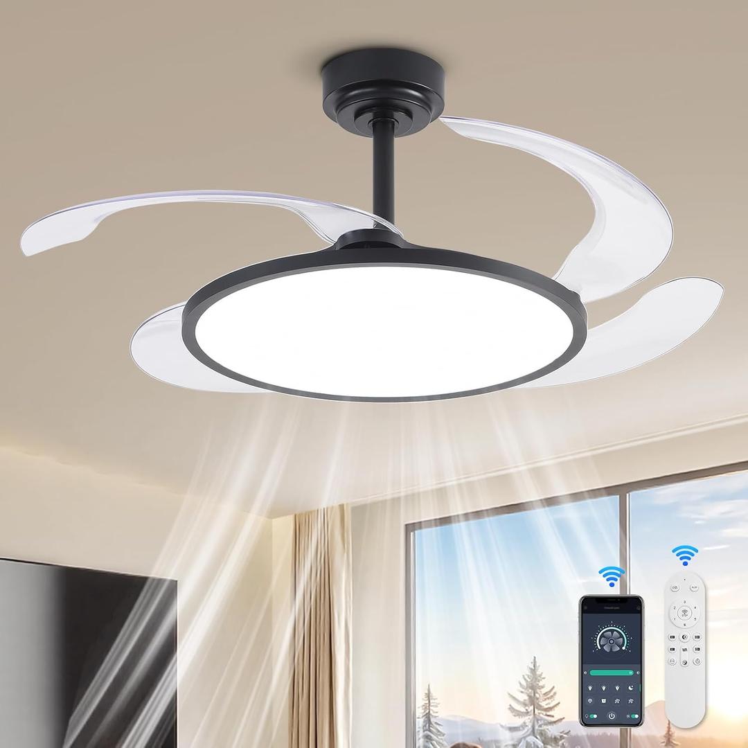 AHAWILL 48'' Retractable Ceiling Fan with Remote Control,Bladeless Ceiling Fan with LED Lights,Stepless Full Spectrum,Memory,Modern Silent Chandelier for Bedroom Dining Room Living Room,Black
