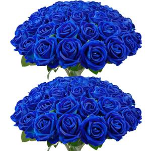 Wondrus Bulk Artificial Flowers 50 PCS, Fake Velvet Silk Blue Roses with Long Stems Realistic Bouquet for Wedding Centerpieces, Faux Arrangement for Home Table Decor