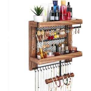 Pinzoveco Hanging Jewelry Organizer Wall Mounted With Wall Jewelry Organizer Holder For Necklaces Bracelet Earrings Ring (Rustic Wood)