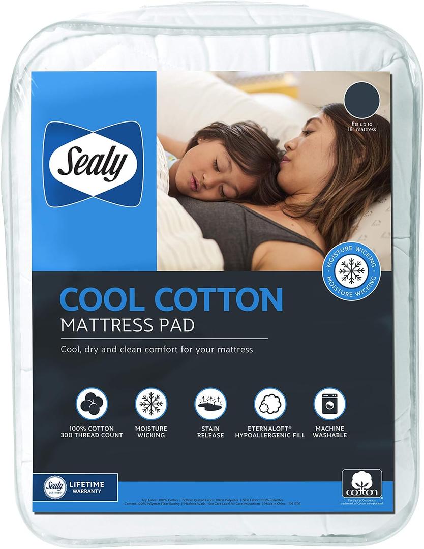 Sealy Cool Cotton Moisture-Wicking 100% Cotton Mattress Pad Queen