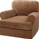 H.VERSAILTEX Sofa Cover 2 Piece T Cushion Armchair Slipcovers Thick Velvet Couch Cover Furniture Protector Stretch T Cushion Sofa Covers for 1 Cushion Couch with 1 Individual T Cushion Covers, Camel