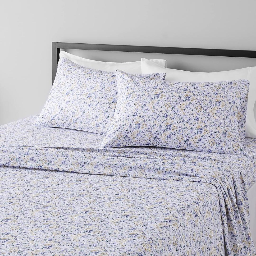Amazon Basics Lightweight Super Soft Easy Care Microfiber 4 Piece Bed Sheet Set With 14-inch Deep Pockets, Queen, Blue Floral, Printed