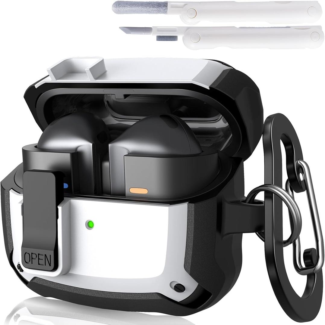 KOREDA Compatible with Samsung Galaxy Buds 3 Case & Galaxy Buds 3 Pro Case with Cleaner Kit, Military TPU Shockproof Protective Hard Cover with Secure Lock for Men (White)