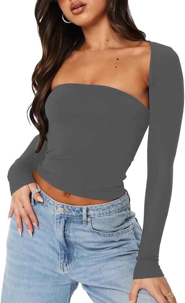 Womens Long Sleeve Crop Tops 2 Piece Bolero Shrug Cutout Slim Fit Y2K T-Shirt Fall Basic Tees Streetwear (Green, M)