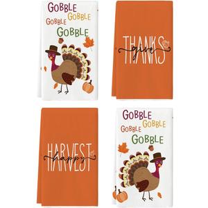 Artoid Mode Turkey Thanksgiving Kitchen Towels Dish Towels, 18x26 Inch Gobble Harvest Pumpkin Decoration Hand Towels Set of 4