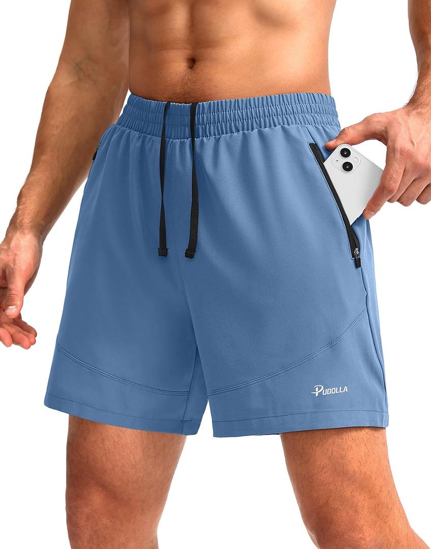 Pudolla Men's Workout Running Shorts 7"/5"/9" Lightweight Gym Athletic Shorts for Men with Zipper Pockets (Blue, M)