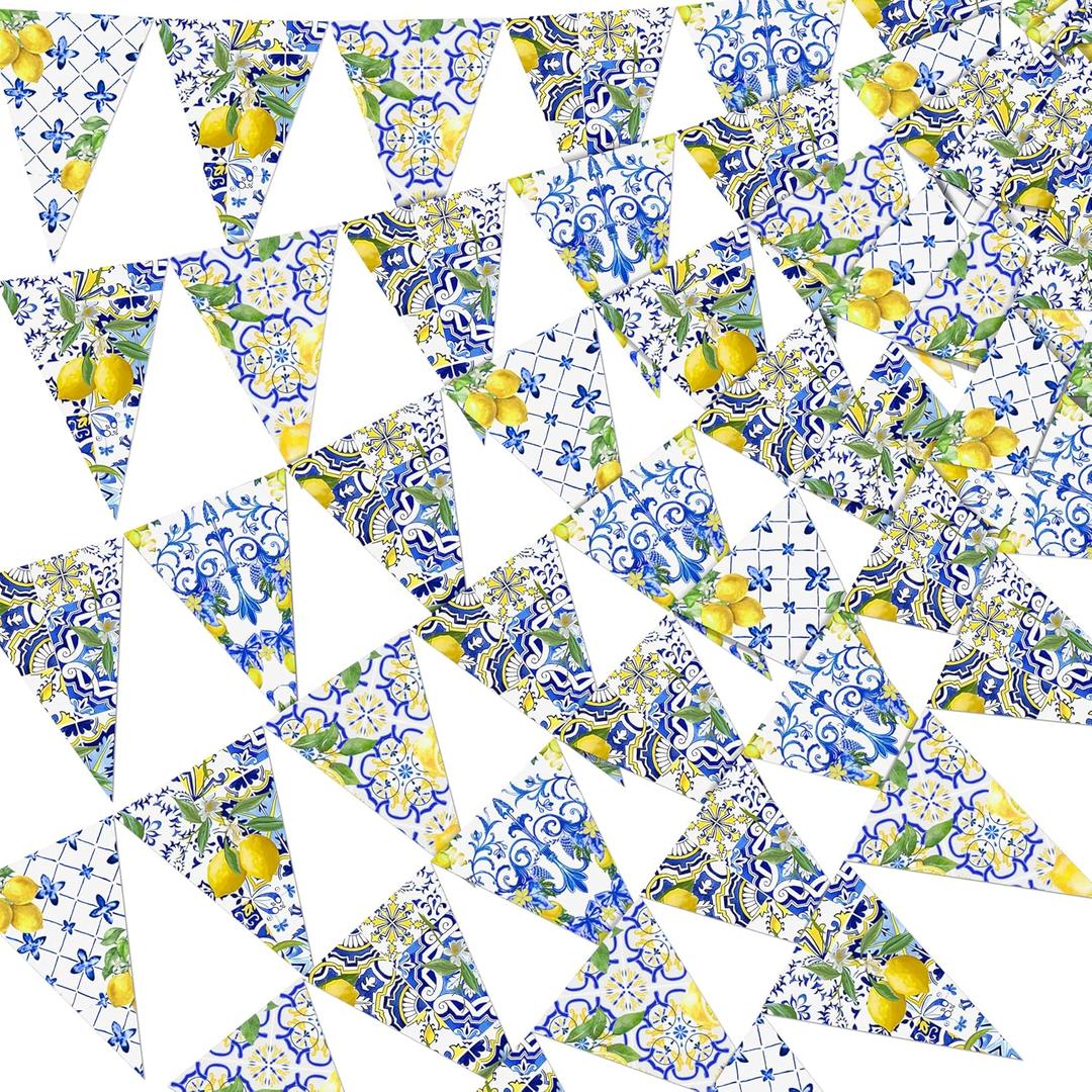 6PCS Lemon Party Decorations Mediterranean Pennant Garlands: Blue Tiles and Yellow Lemonade Stand Banners for Amalfi Coast, Bridal Shower, Birthday, Wedding, Italian Summer Themed Decor