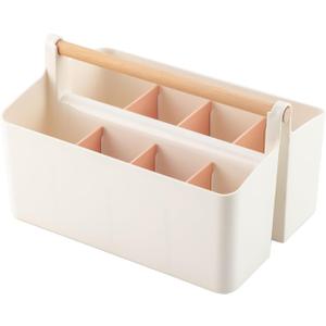 Vidifor Large Plastic Portable Caddy with Handle, Storage Organizer Bin with Adjustable Dividers for Art Supplies, Crafts, Colored Pencils, Makeup Desk (White+Pink)