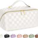 Large Capacity Travel Cosmetic Bag - Portable Makeup Bags for Women Waterproof PU Leather Checkered Makeup Organizer Bag with Dividers and Handle,Toiletry Bag for Cosmetics (Medium, White)